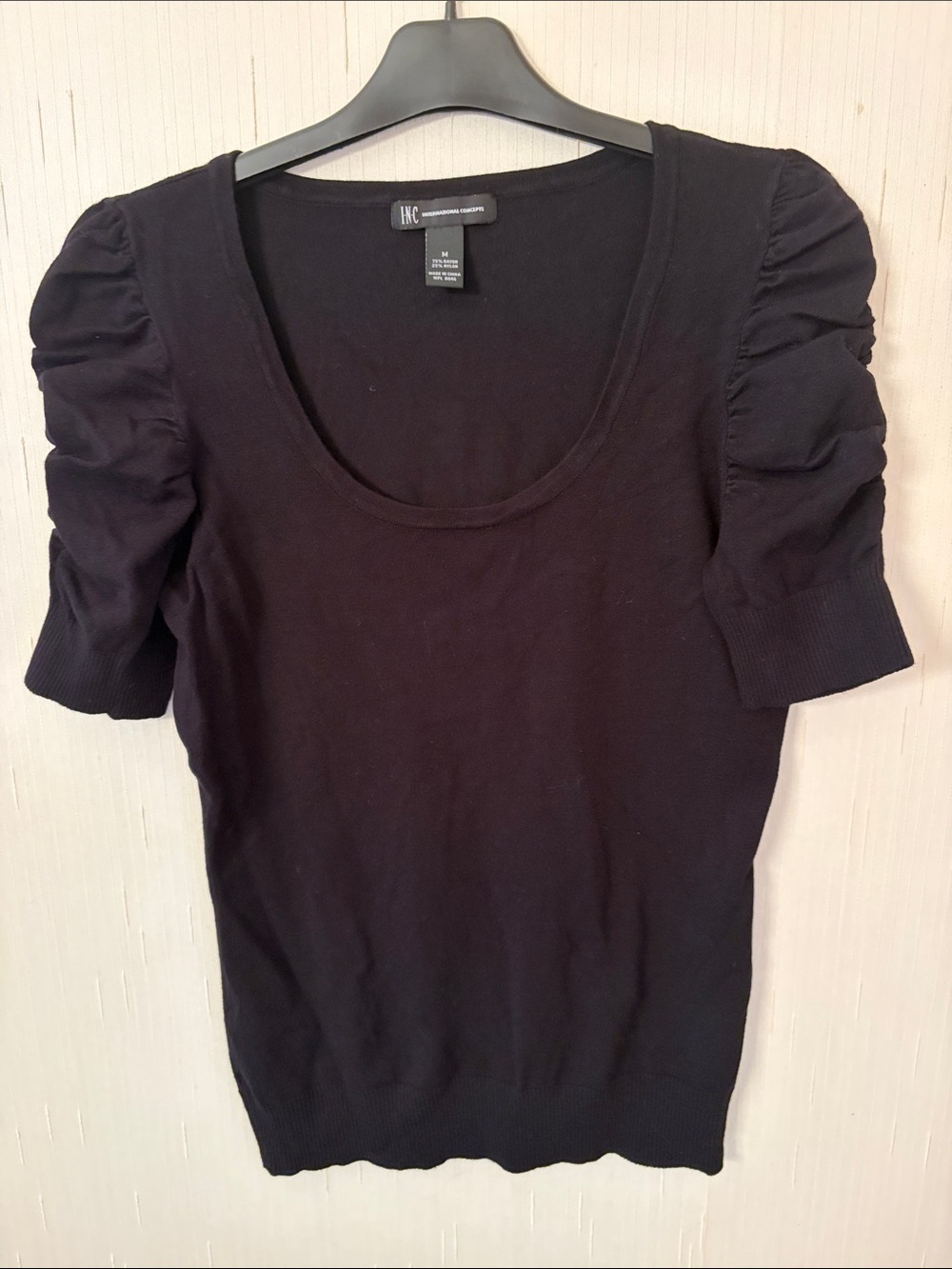 INC International Concepts Black Scoop Neck Puff-Sleeve Top